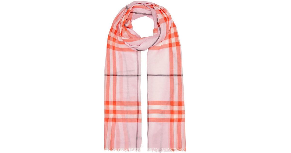 Lyst - Burberry Lightweight Check Wool And Silk Scarf in Pink