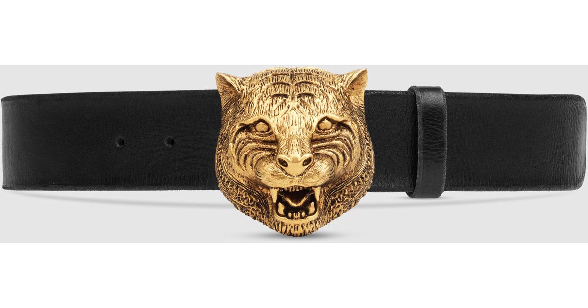 Gucci Leather Belt With Feline Buckle in Black for Men | Lyst