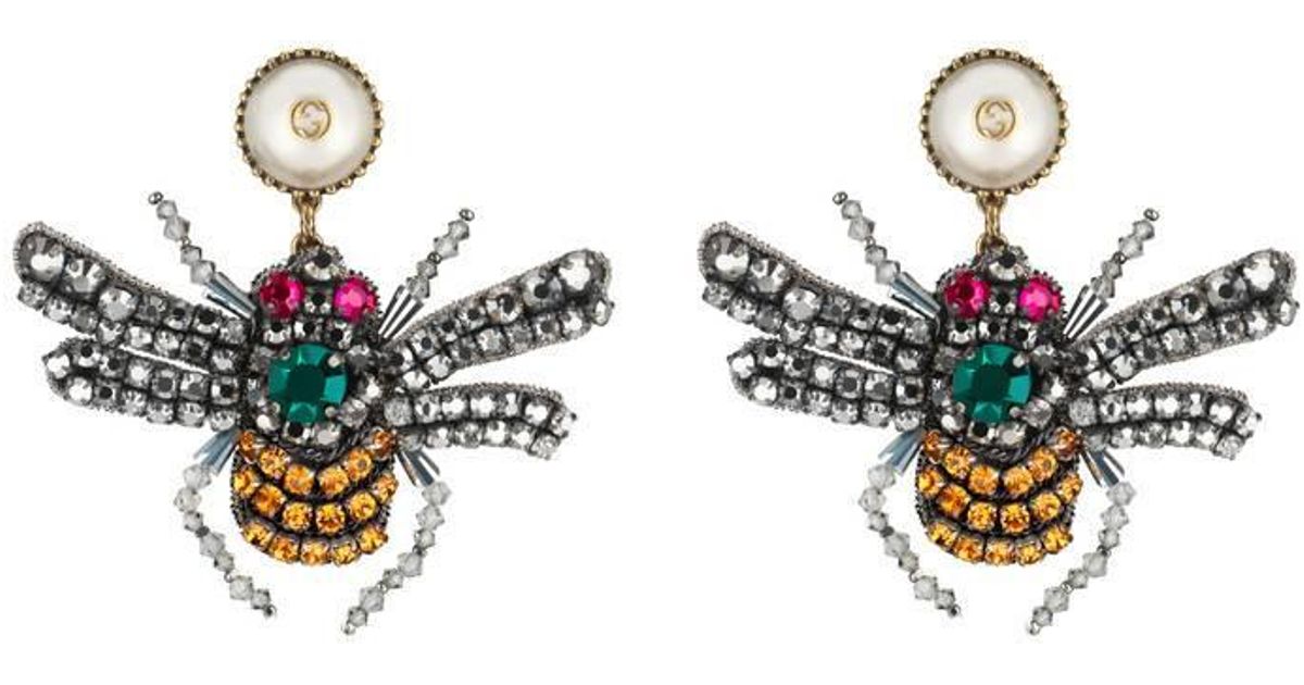 Lyst Gucci Crystal Embroidered Bee Earrings in Metallic