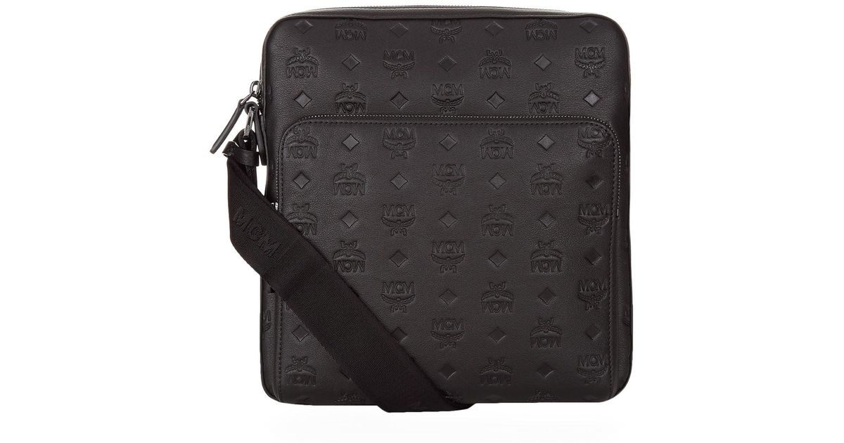 Mcm Black Embossed Leather Small Messenger Bag For Men