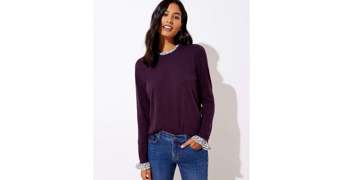 LOFT Mixed Media Ruffle Trim Sweater In Plum Heather (Purple) - Lyst