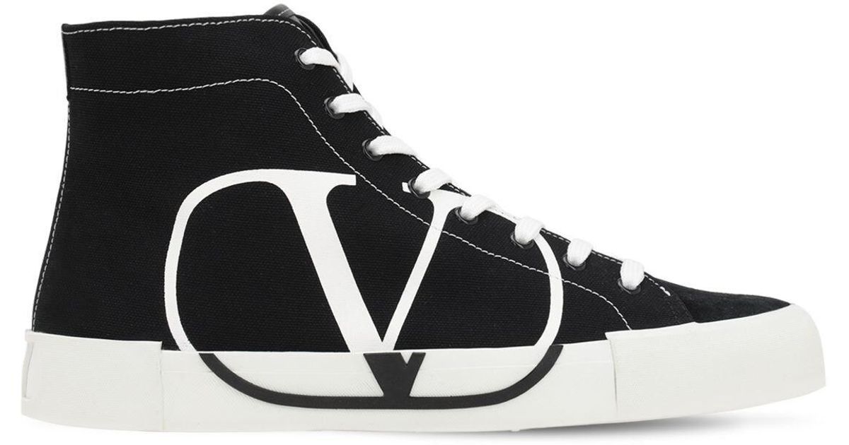 Valentino Vlogo High Top Canvas & Suede Sneakers in Black/White (Black