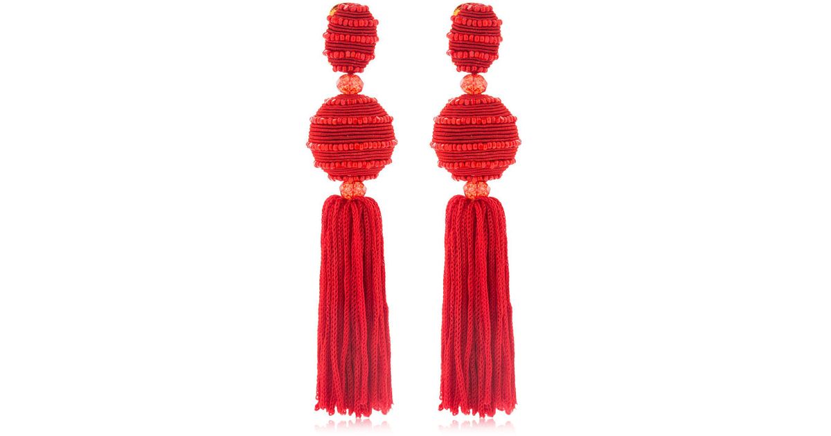 Oscar De La A Horizontal Beaded Silk Tel Earrings In Red Lyst