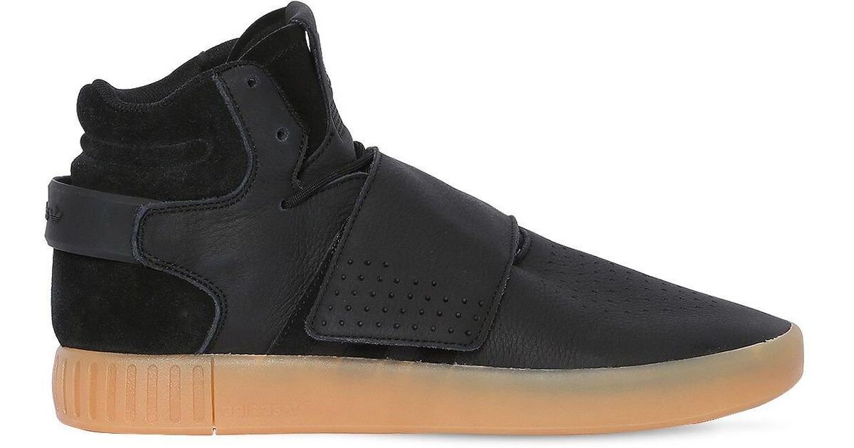 adidas Originals Leather Tubular Invader Strap Mid Top Sneakers in Black for Men - Lyst