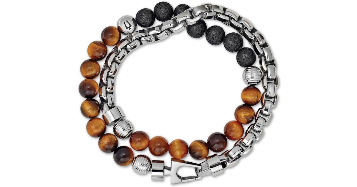 Bulova Tiger's Eye & Black Lava Bead Bracelet In Stainless Steel