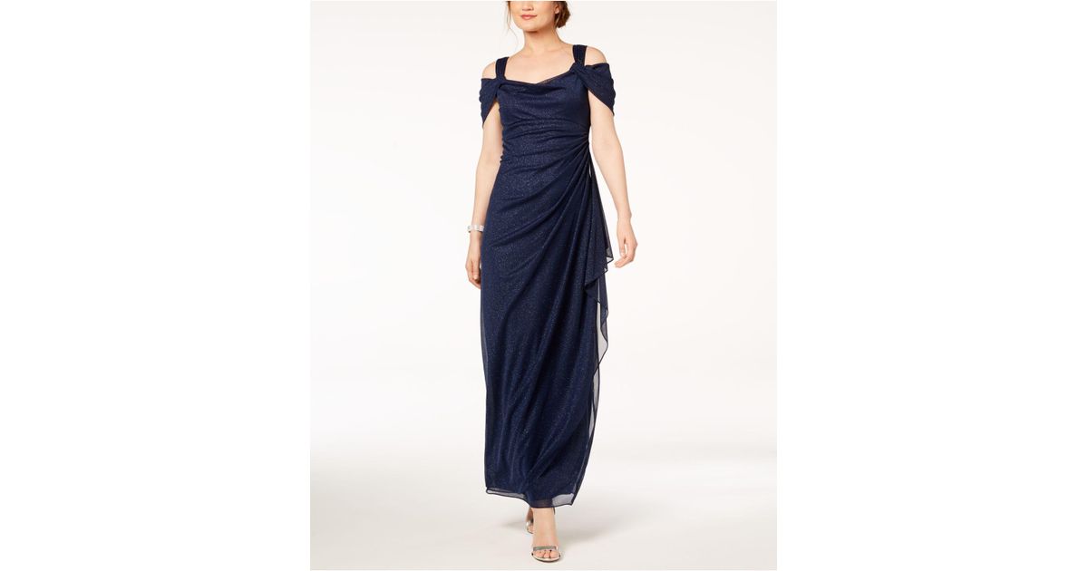 Alex Evenings Cold Shoulder Draped Metallic Gown In Blue Lyst