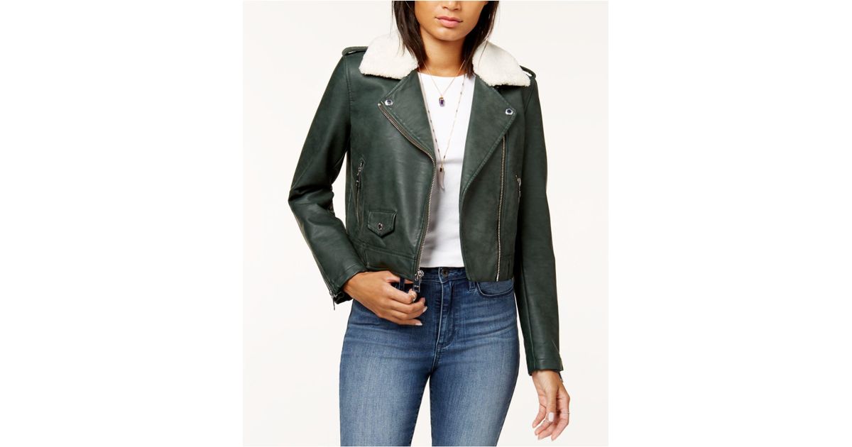 Levi S Cropped Faux Fur Collar Moto Jacket In Green Lyst