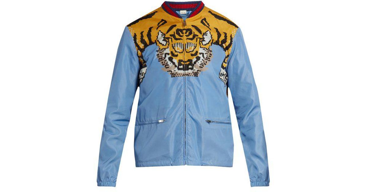 Gucci Tiger Print Bomber Jacket in Blue for Men - Lyst