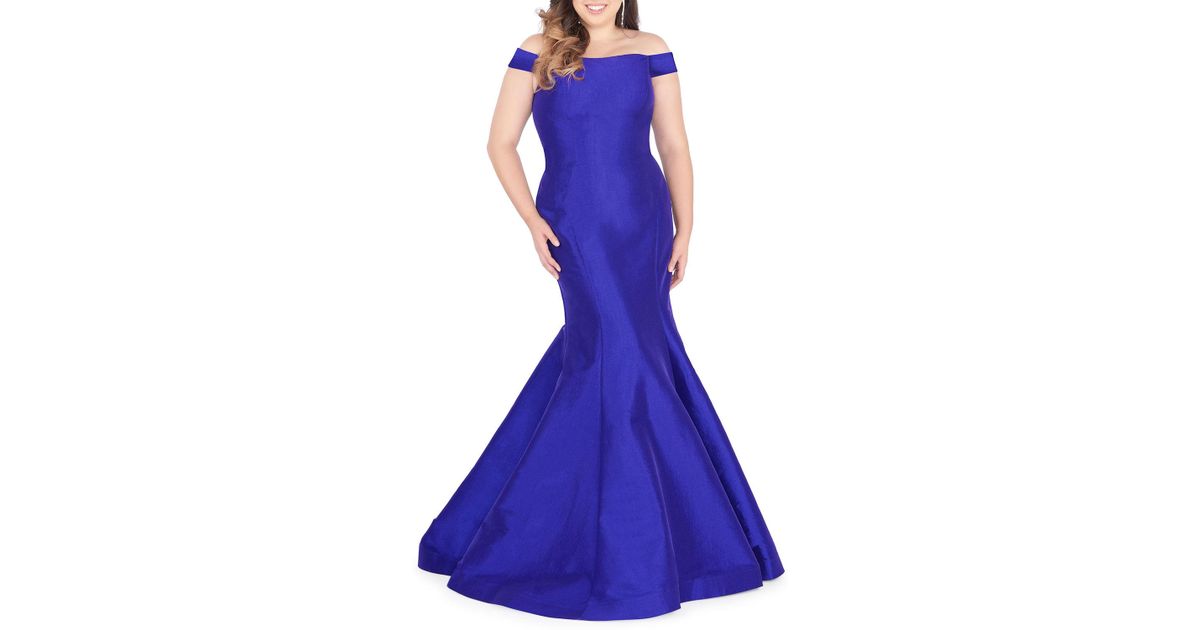 Mac Duggal Synthetic Plus Size Off The Shoulder Taffeta Mermaid Gown In