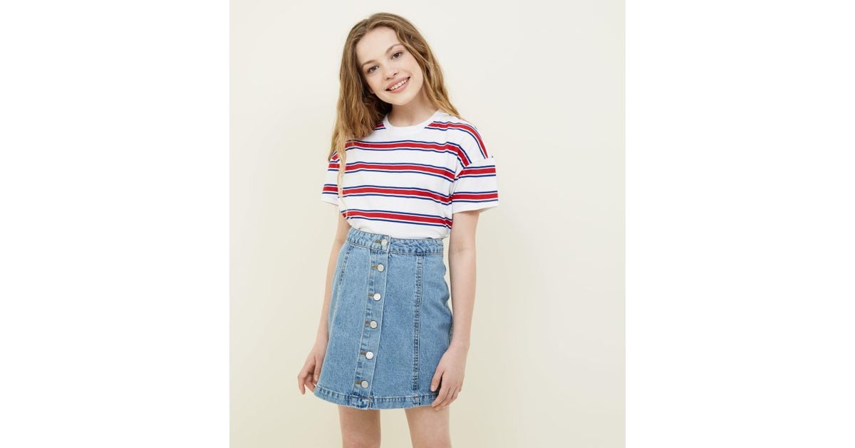 bright blue denim skirt