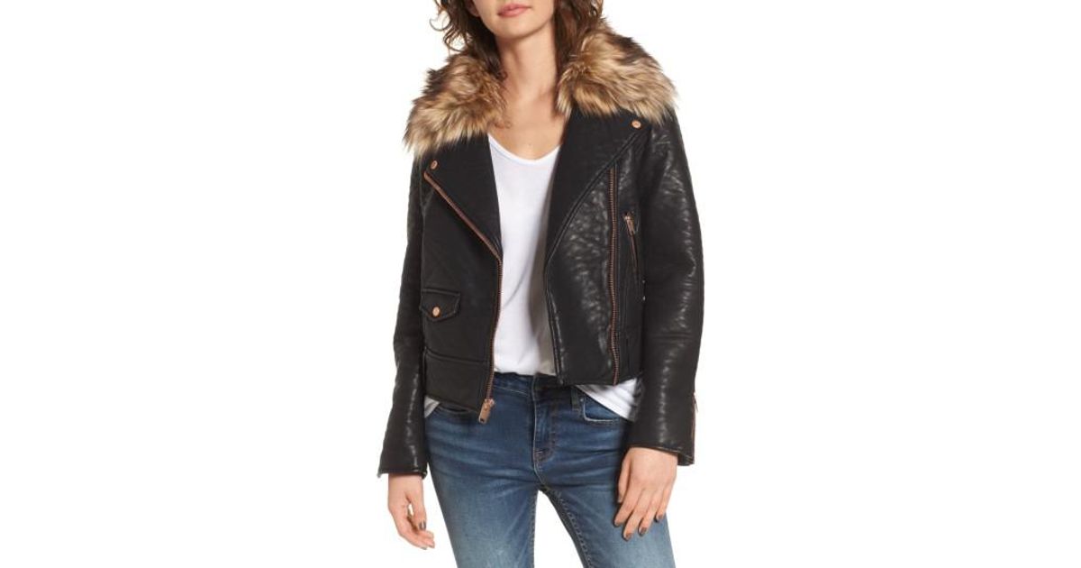 Marc New York Black Beverly Faux Leather Jacket With Fur Trim Lyst