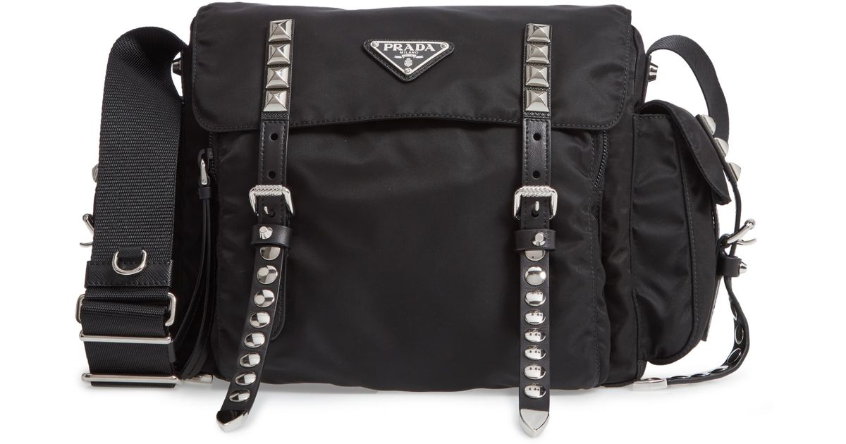 Prada Stud Nylon Messenger Bag in Black - Lyst