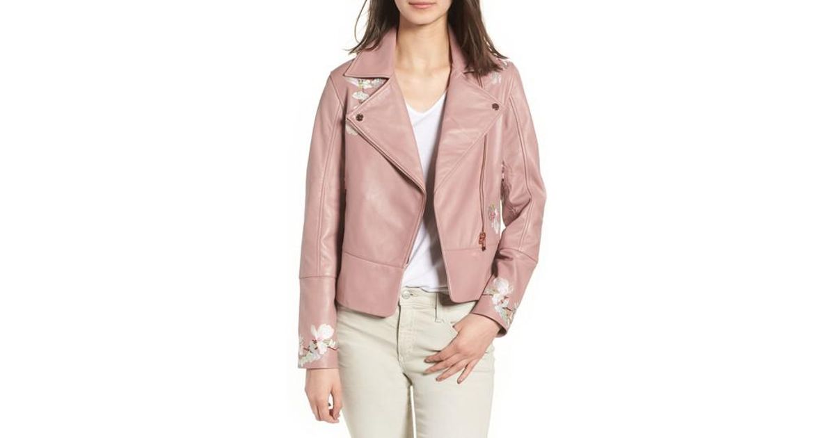 Lyst Ted Baker Harmony Embroidered Leather Biker Jacket In Pink