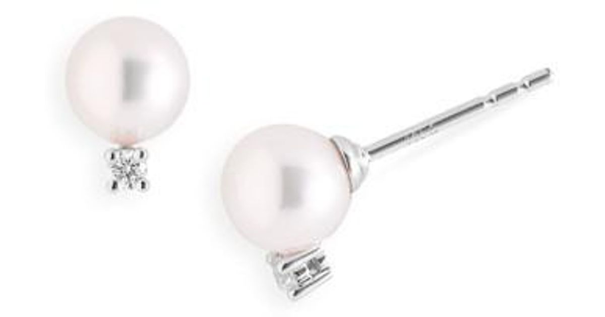 Lyst Mikimoto Akoya Pearl Diamond Stud Earrings In White
