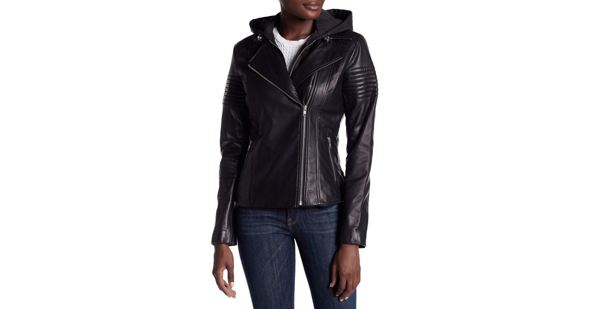 Soia Kyo Black Genuine Leather Moto Jacket Cairoamani Com Lyst Soia Kyo Hooded Leather Moto Jacket In Black