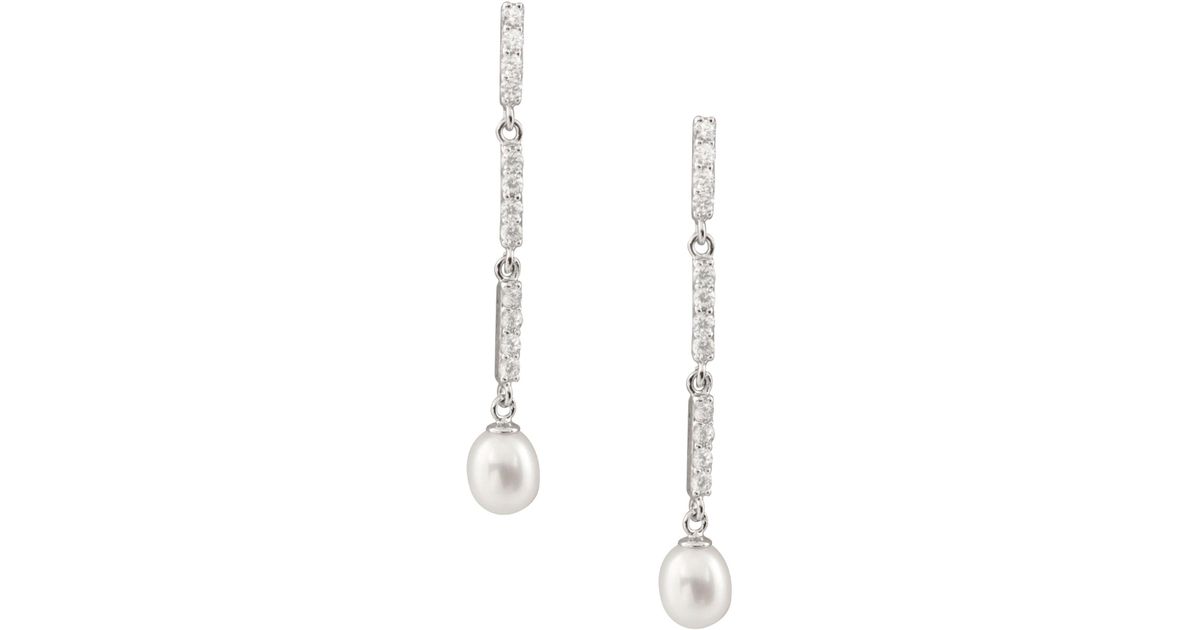 Lyst Splendid Dangling Long Cz 7 8mm Pearl Earrings In White