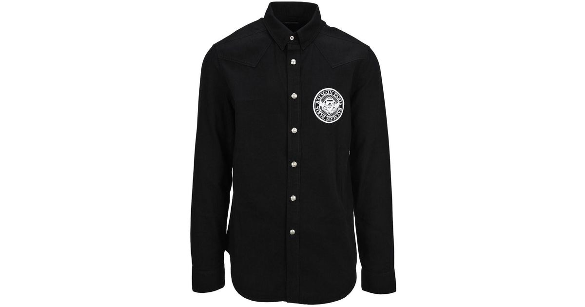 Balmain Leather Embroidered Logo Shirt in Black for Men - Lyst