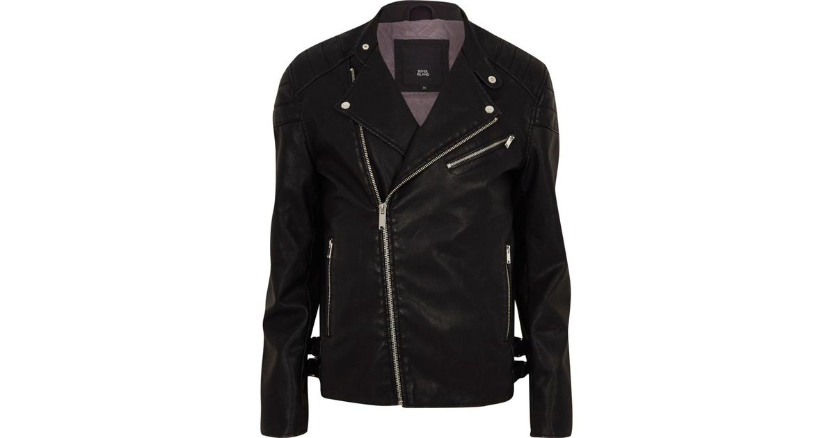 Lyst River Island Black Faux Leather Racer Neck Biker Jacket In Lyst River Island Black Faux Leather Racer Neck Biker Jacket In For Men