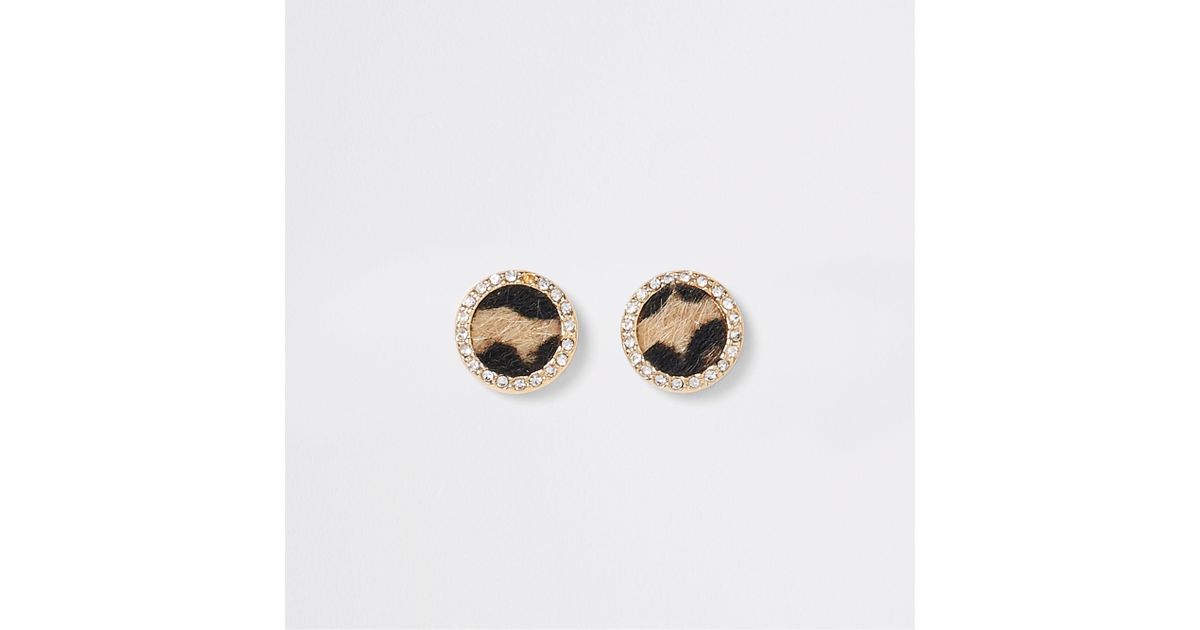Lyst River Island Leopard Print Diamante Stud Earrings In Brown