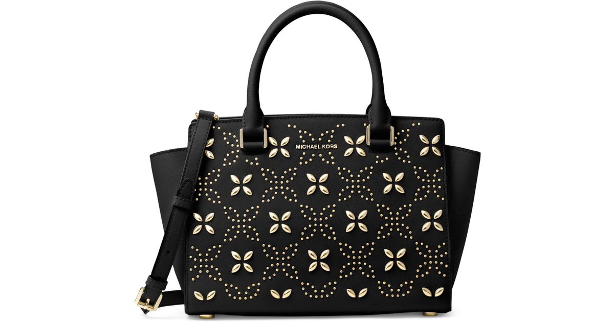 lyst michael michael kors selma floral microstud satchel in black lyst michael michael kors selma floral microstud satchel in black