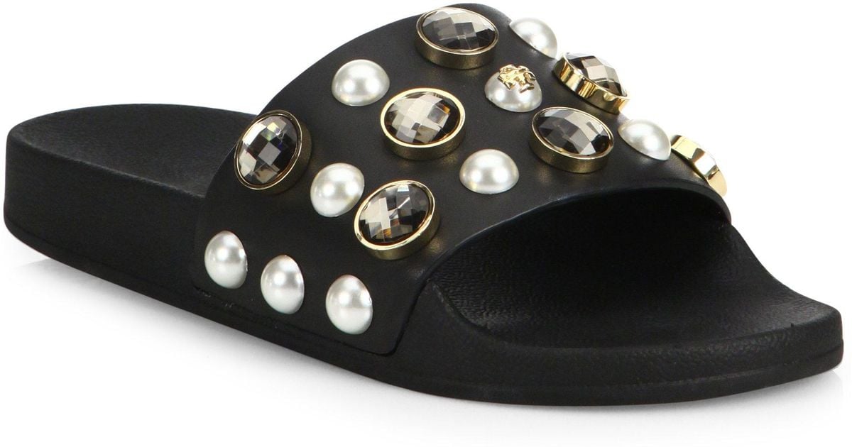 Lyst - Tory Burch Vail Jeweled Leather Slides in Black