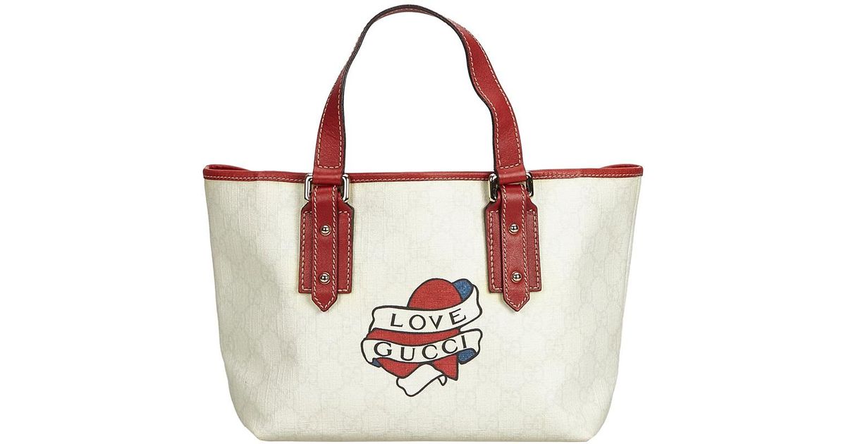 Gucci White Canvas Brown Leather Supreme Heart Tattoo Tote Bag in White - Lyst