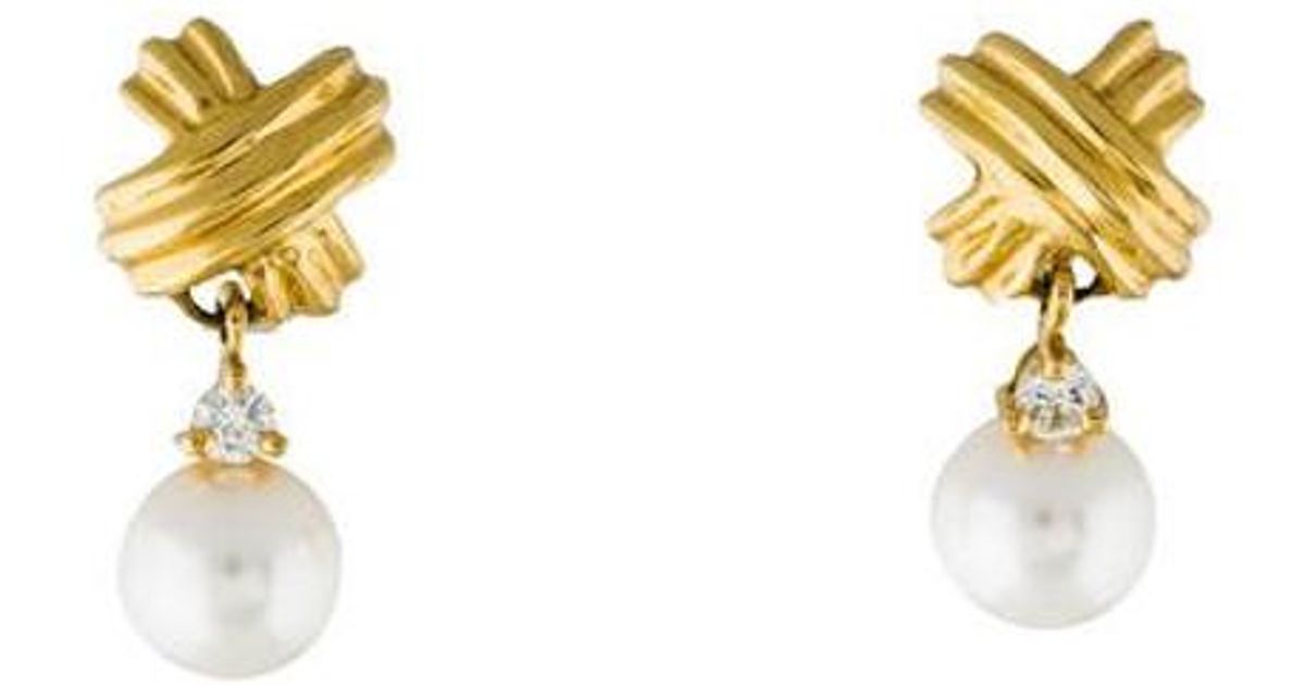 Lyst Tiffany Co Pearl Diamond Signature X Drop Earrings Yellow Lyst Tiffany Co Pearl Diamond Signature X Drop Earrings Yellow In Metallic