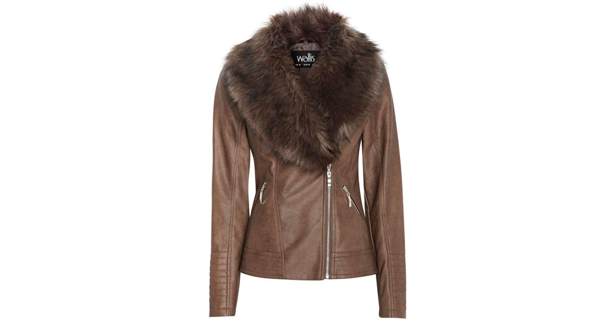 Wallis Tan Faux Fur Collar Biker Jacket In Brown Lyst