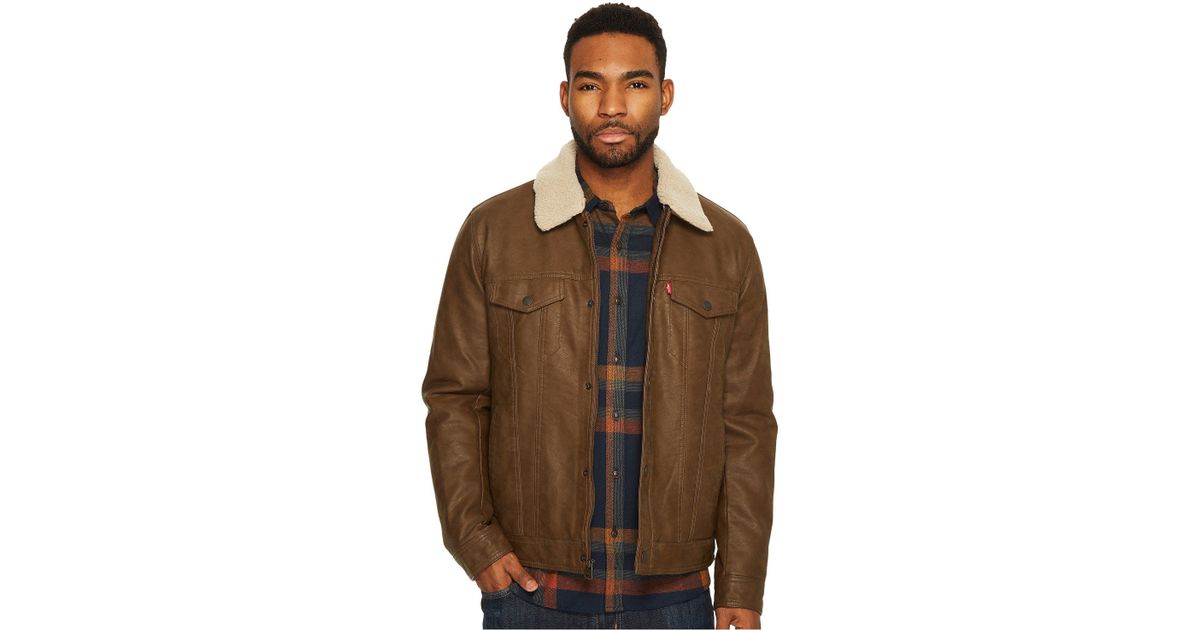 Lyst Levi S R Faux Leather Trucker With Sherpa Collar And Lyst Levi S R Faux Leather Trucker With Sherpa Collar And Polytwill Lining Dark Brown Men Coat In For