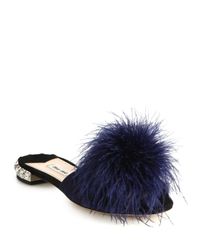 Miu Miu | Blue Feather & Crystal-embellished Suede Slide Sandals | Lyst