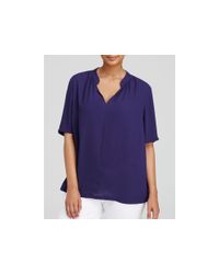 NYDJ | Blue Shirred Split Neck Blouse | Lyst