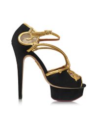 Charlotte Olympia - Black Suede And Antique Gold Metallic Leather Rattan Platform Sandal - Lyst