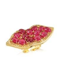 Bernard Delettrez - Metallic Big Mouth W/cabochon Rubies Gold Ring - Lyst