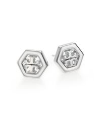 Tory Burch | Metallic Hexagonal Logo Sterling Silver Stud Earrings | Lyst