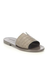 Vince Turner Croc  embossed Leather Slide Sandals  in Gray 