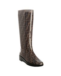 Fendi | Brown Tobacco Zucca Rubber Wedge Rain Boots | Lyst