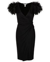 Diane von Furstenberg | Black Rayon Ruffle-hem Surplice Dress | Lyst