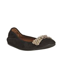 Lanvin | Black Suede Crystal Bow Flats | Lyst