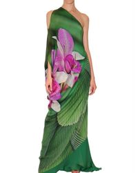 Roberto Cavalli | Green Long Orchid Print Chiffon Dress | Lyst