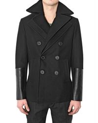 Neil Barrett | Black Leather and Virgin Wool Pea Coat for Men | Lyst