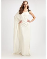 Badgley Mischka | White Beaded One Shoulder Jersey Gown | Lyst