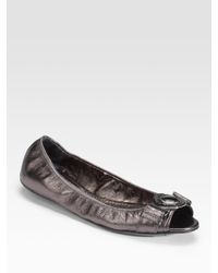 Burberry | Gray Metallic Leather Peep-toe Ballet Flats | Lyst