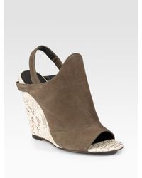 Elizabeth and James | Green Suede & Snake-printed Leather Wedge Sandals | Lyst