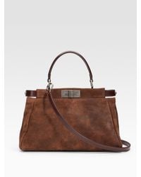 Fendi | Brown Small Suede Peekaboo Tote | Lyst
