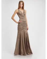 THEIA | Brown Shirred and Pleated Stretch Gown | Lyst