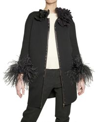 Lanvin | Black Ostrich Feather Cuffs Wool Knit Coat | Lyst