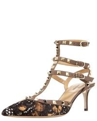 Valentino | Brown Rockstud Feather Print T-Strap Pump | Lyst