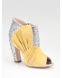Miu Miu | Metallic Glitter & Suede Bow Peep Toe Ankle Boots | Lyst