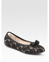 Ferragamo | Black My Belle Satin Lace Bow Ballet Flats | Lyst