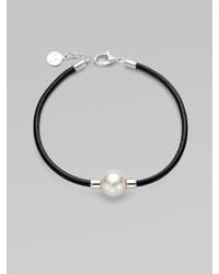 Majorica | Black 12mm Round White Pearl Leather Bracelet | Lyst